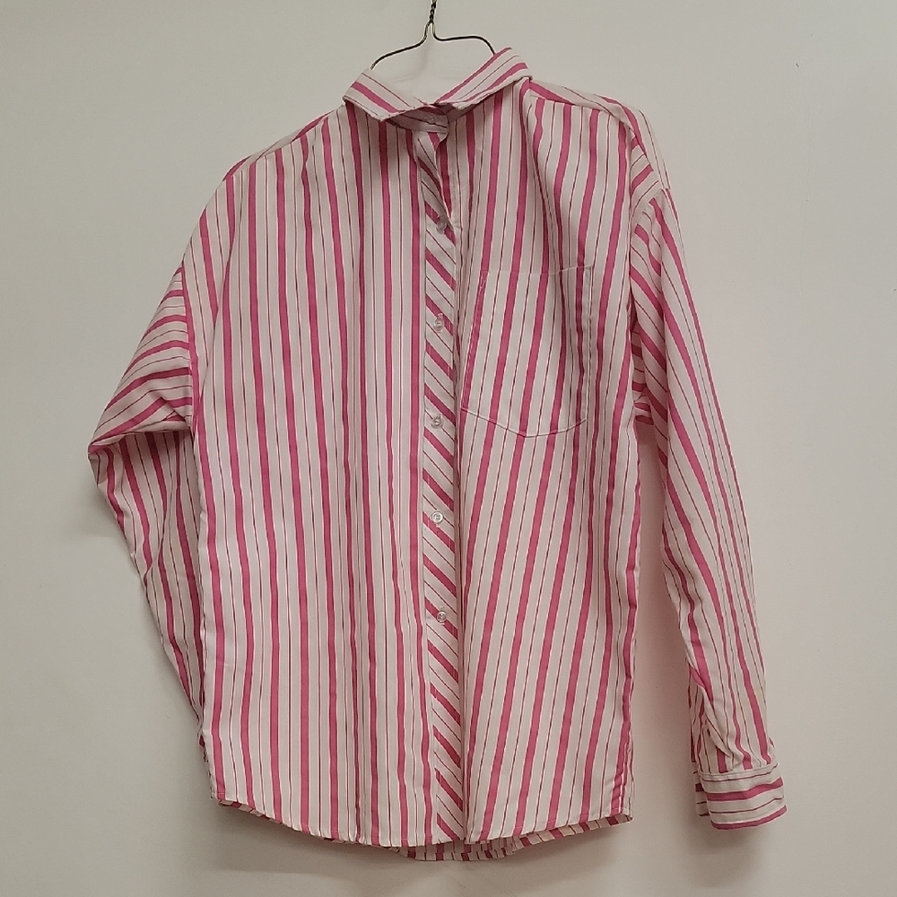 Hunters Glen Pink and White Striped Button Down Shirt L 10
